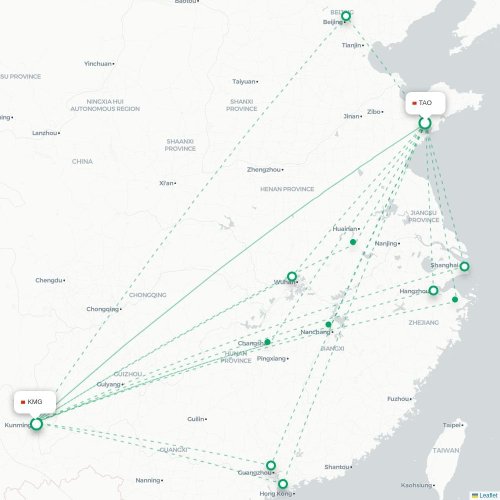 Mapa lotu bezpośredniego Qingdao – Kunming