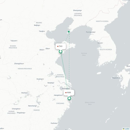 Mapa de vuelo directo Qingdao - Ningbo