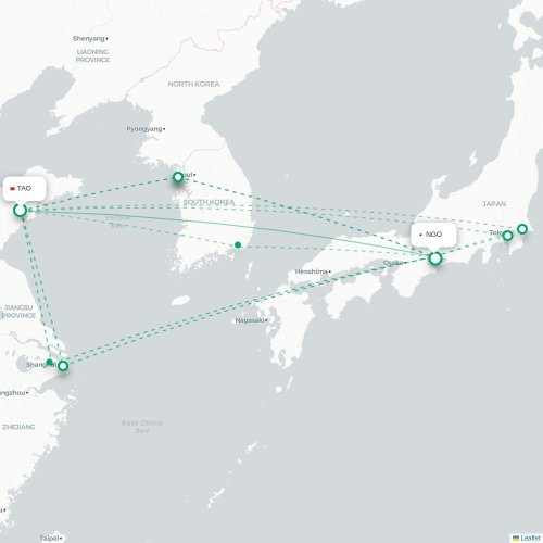 Mapa lotu bezpośredniego Qingdao – Nagoja
