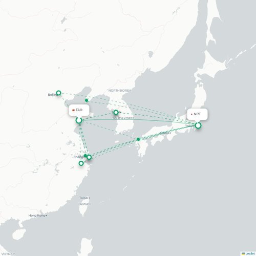 Mapa lotu bezpośredniego Qingdao – Tokio