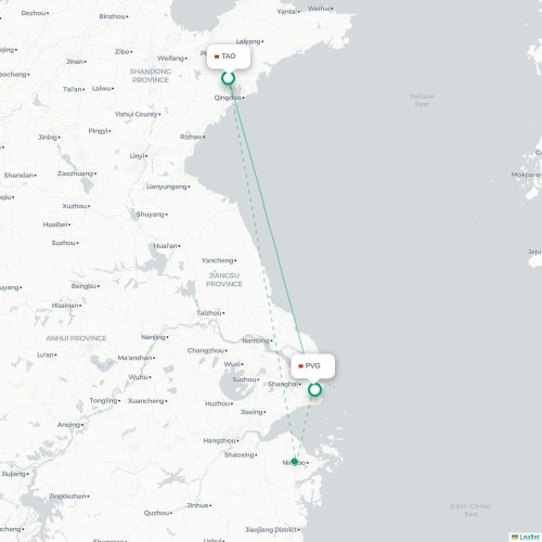 Mapa lotu bezpośredniego Qingdao – Szanghaj