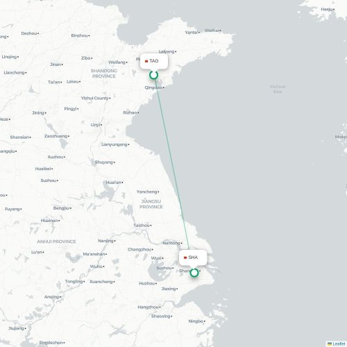 Mapa lotu bezpośredniego Qingdao – Szanghaj