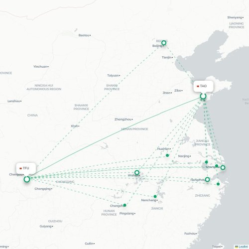 Mapa lotu bezpośredniego Qingdao – Chengdu