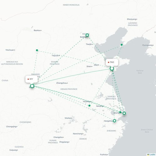Mapa lotu bezpośredniego Qingdao – Xi'an