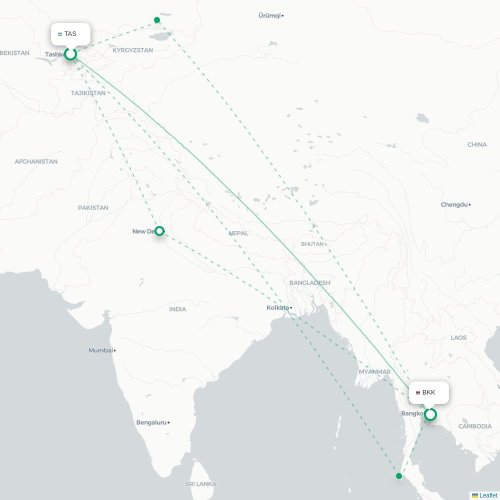 Mapa de vuelo directo Taskent - Bangkok