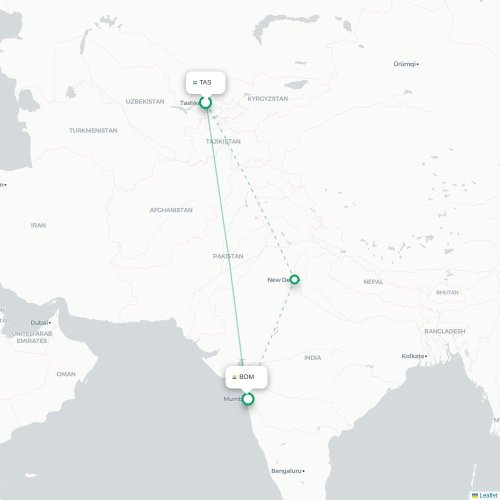 Mapa de vuelo directo Taskent - Bombay
