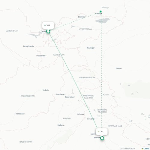 Mapa de vuelo directo Taskent - Nueva Delhi
