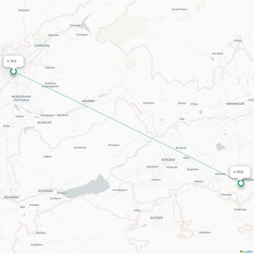 Mapa de vuelo directo Taskent - Ferganá
