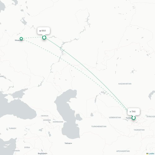 Mapa de vuelo directo Taskent - Nizhny Novgorod
