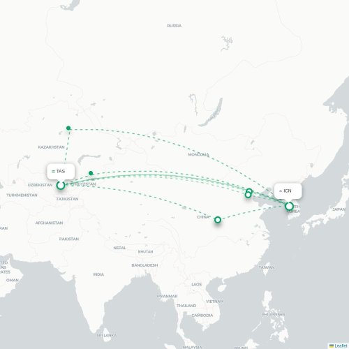 Mapa lotu bezpośredniego Taszkent – Inczhon