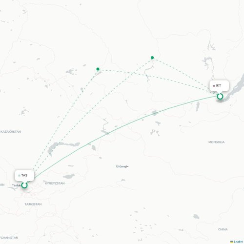 Mapa de vuelo directo Taskent - Irkutsk