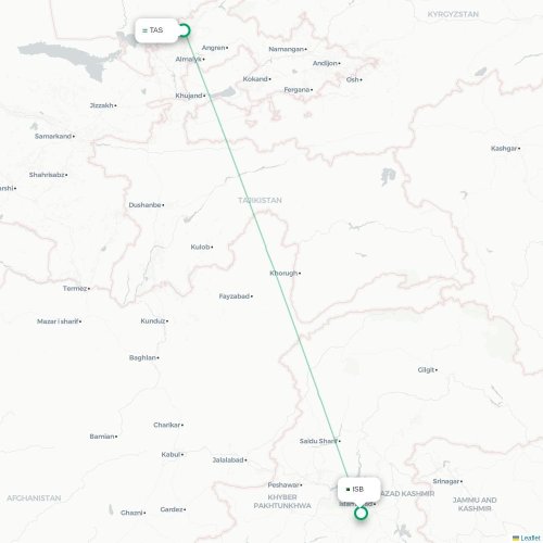 Mapa de vuelo directo Taskent - Islamabad