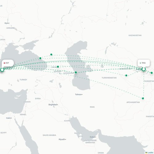 Mapa de vuelo directo Taskent - Estambul