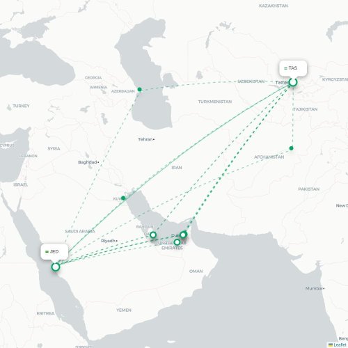Mapa de vuelo directo Taskent - Jedda