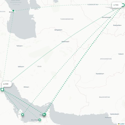 Mapa de vuelo directo Taskent - Ciudad de Kuwait