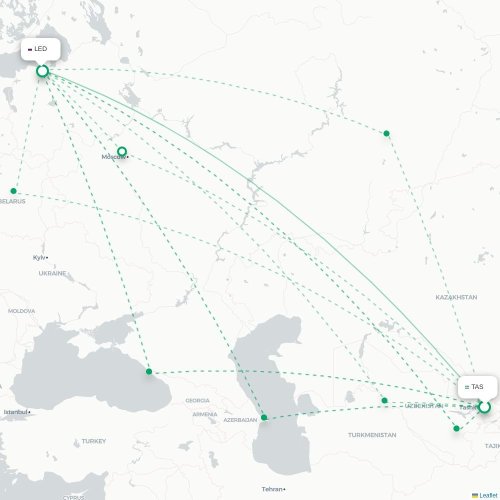 Mapa de vuelo directo Taskent - San Petersburgo