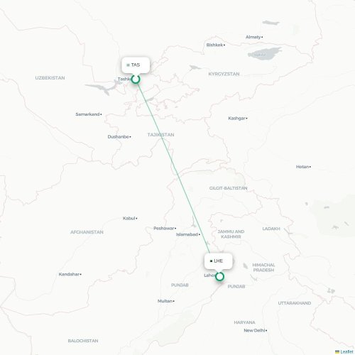Mapa de vuelo directo Taskent - Lahore