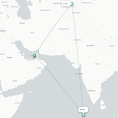 Mapa de vuelo directo Taskent - Malé