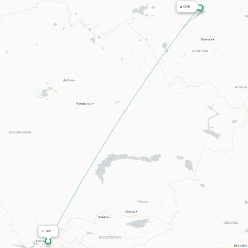 Mapa de vuelo directo Taskent - Novosibirsk