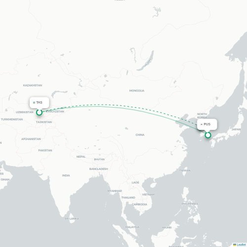 Mapa lotu bezpośredniego Taszkent – Pusan