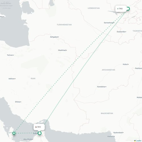 Mapa de vuelo directo Taskent - Sharjah