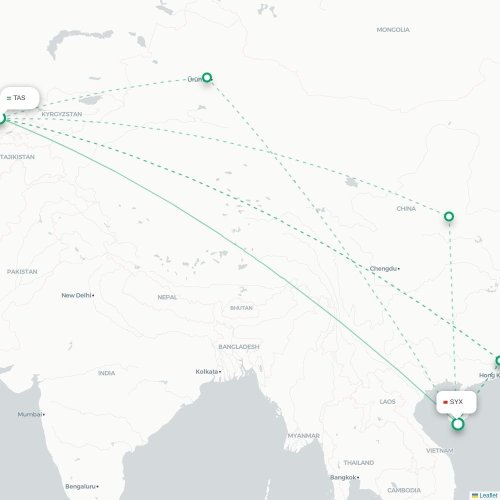 Mapa lotu bezpośredniego Taszkent – Sanya