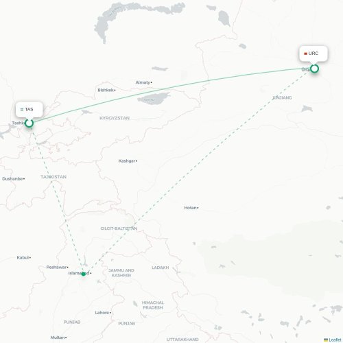 Mapa lotu bezpośredniego Taszkent – Urumczi