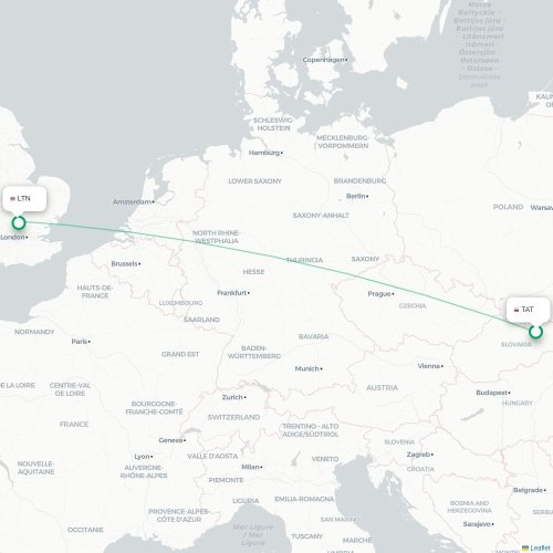 Poprad - London kort over direkte fly
