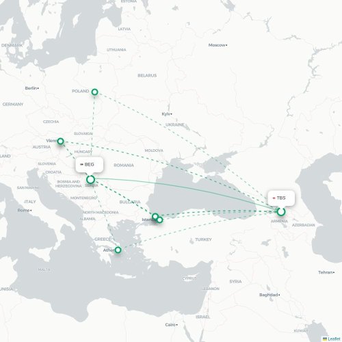 Mapa de vuelo directo Tiflis - Belgrado
