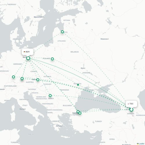 Mapa de vuelo directo Tiflis - Berlín