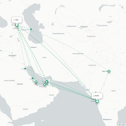 Mapa de vuelo directo Tiflis - Bombay