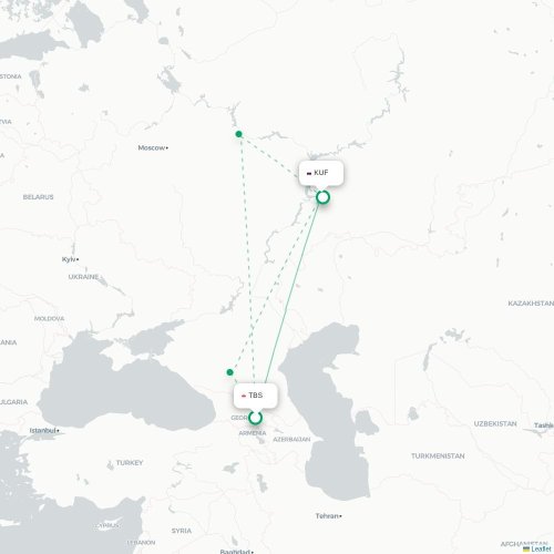 Mapa de vuelo directo Tiflis - Samara