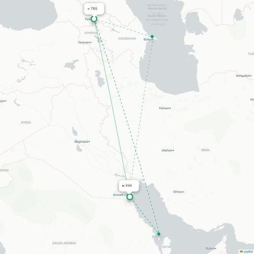 Tbilisi - Kuwait karta över direktflyg