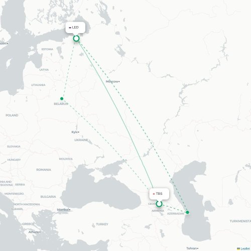 Mapa de vuelo directo Tiflis - San Petersburgo