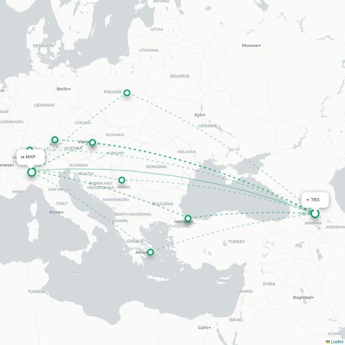 Mapa de vuelo directo Tiflis - Milán