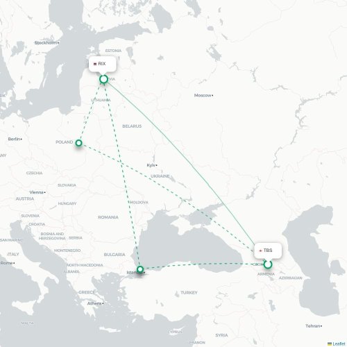 Tbilisi - Riga karta över direktflyg
