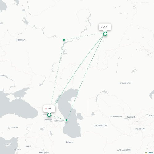 Mapa de vuelo directo Tiflis - Ekaterinburgo