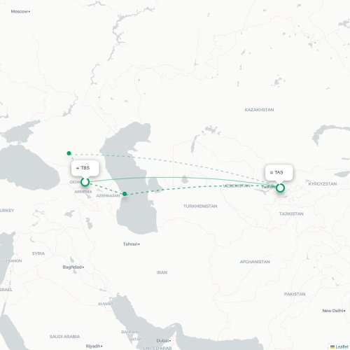 Mapa de vuelo directo Tiflis - Taskent