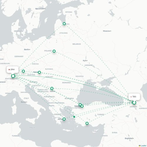 Mapa de vuelo directo Tiflis - Zúrich