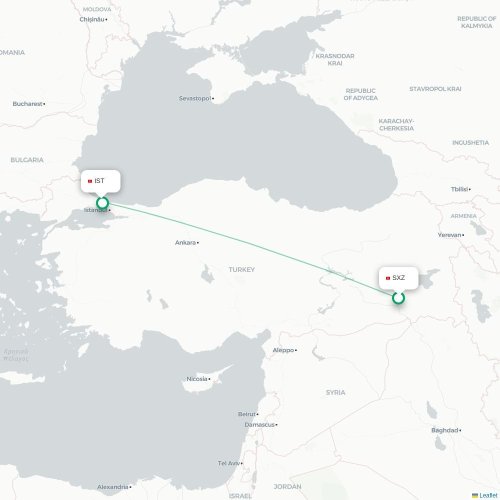 Mapa de vuelo directo Tabriz - Estambul