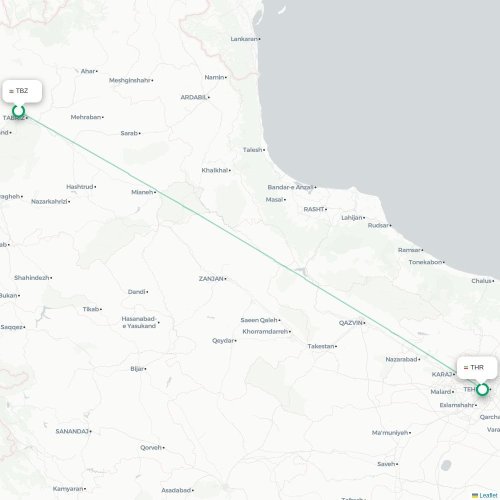Mapa lotu bezpośredniego Tabriz – Teheran