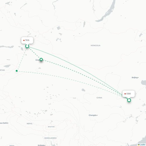 Mapa lotu bezpośredniego Tacheng – Czengczou