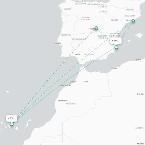 Mapa de vuelo directo Santa Cruz de Tenerife - Alicante