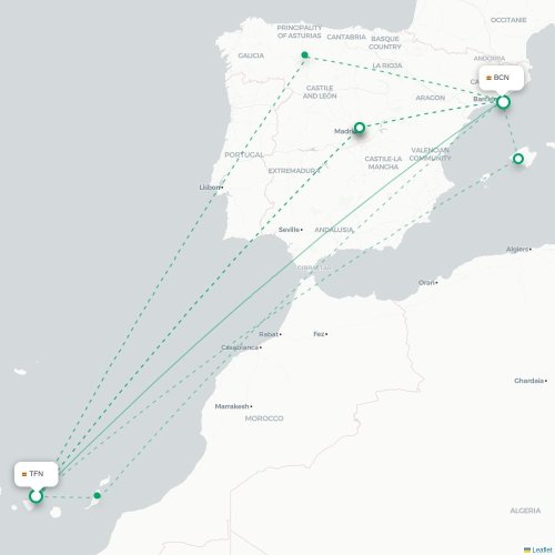 Santa Cruz de Ténérife - Barcelone carte du vol direct