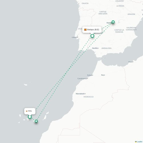 Santa Cruz de Teneriffa – Badajoz suoran lennon kartta