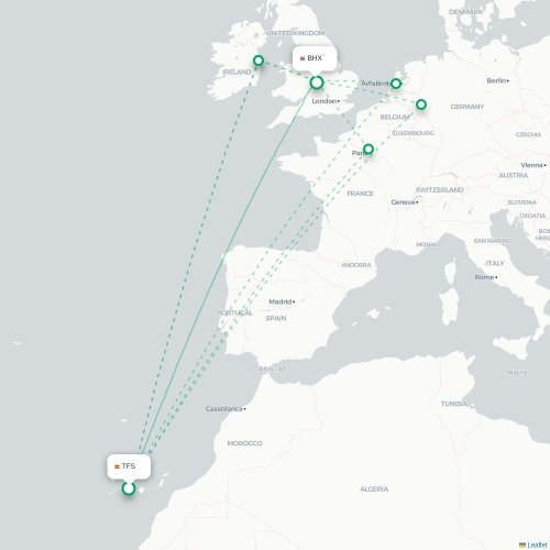 Mapa de vuelo directo Granadilla de Abona - Birmingham