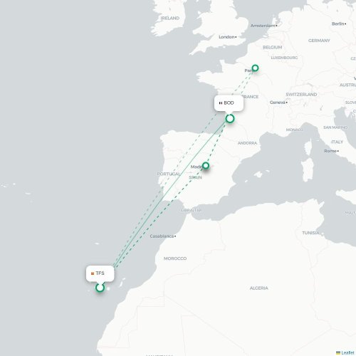 Mapa de vuelo directo Granadilla de Abona - Burdeos