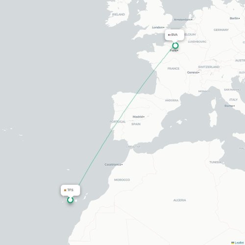 Mapa de vuelo directo Granadilla de Abona - París