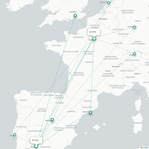 Mapa de vuelo directo Granadilla de Abona - París