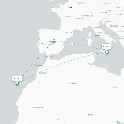Mapa de vuelo directo Granadilla de Abona - Catania
